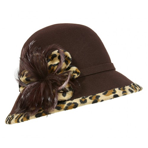 Bucket Hat– 100% Wool w/ Feather Flower & Leopard Print Trim - Brown - HT-CC12-1BR